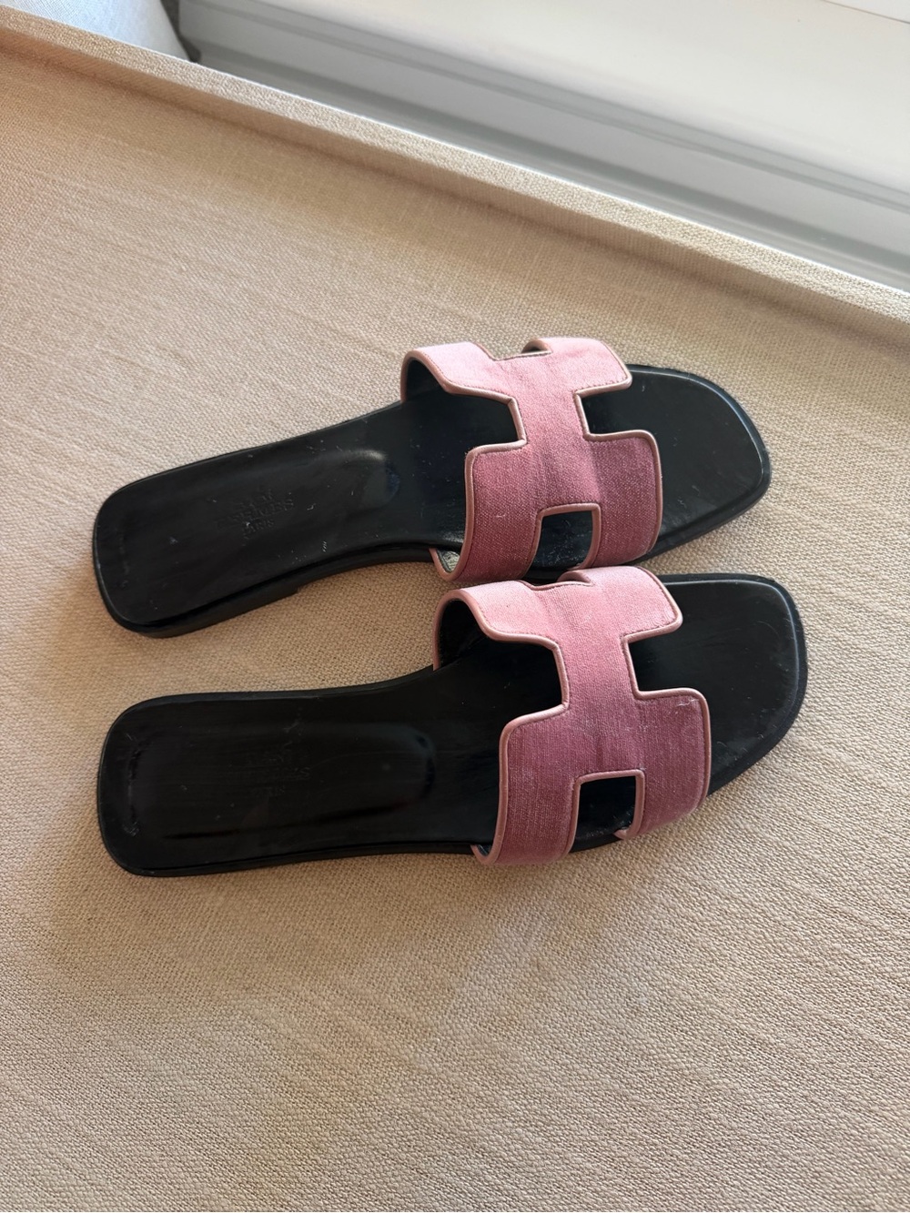 Hermes Orans Pink Velvet Slide Sandals - limited color!!! Size 38 gently worn